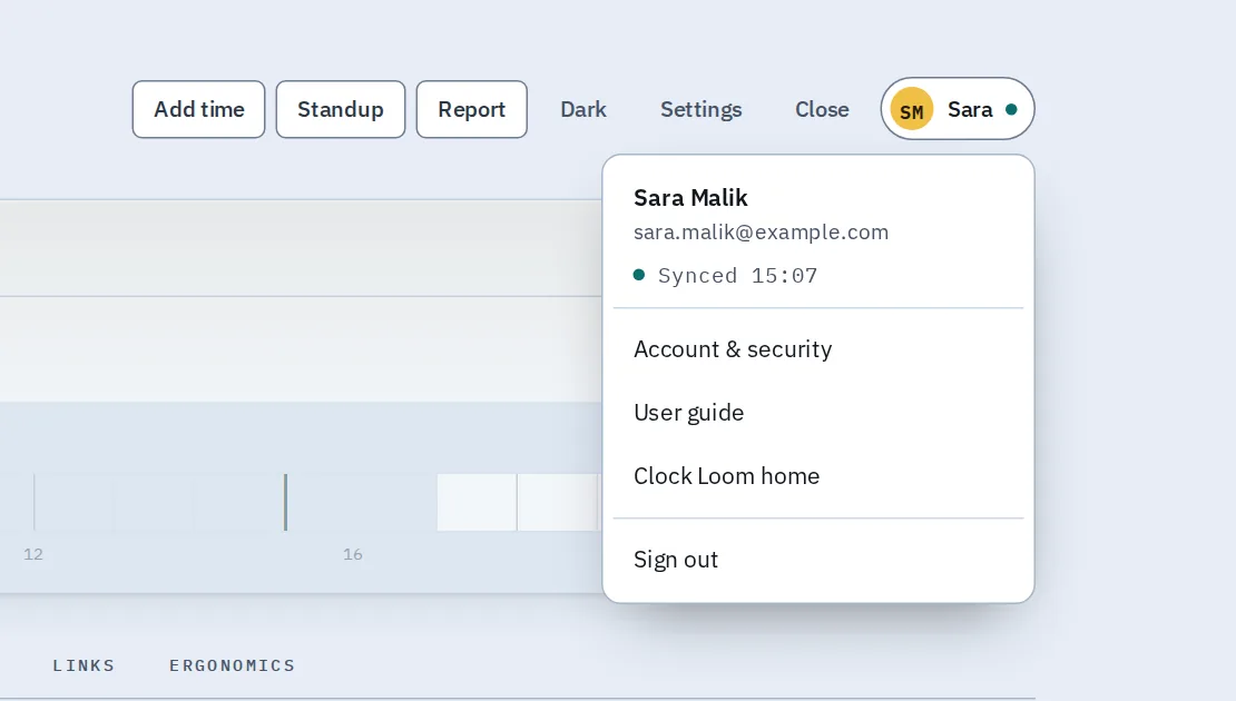 The account menu inside the dashboard: sync status, account settings, this guide and Sign out.