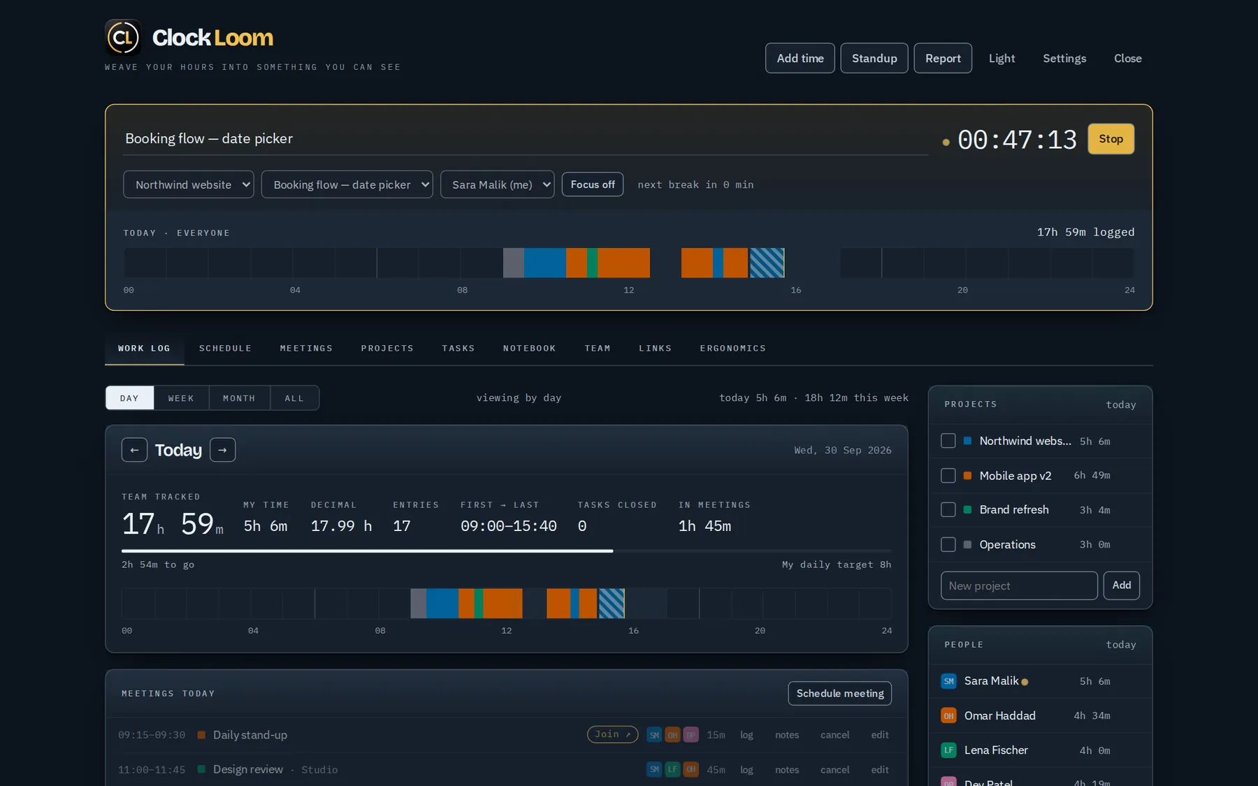 The same dashboard in dark mode — switch with the Dark/Light button.