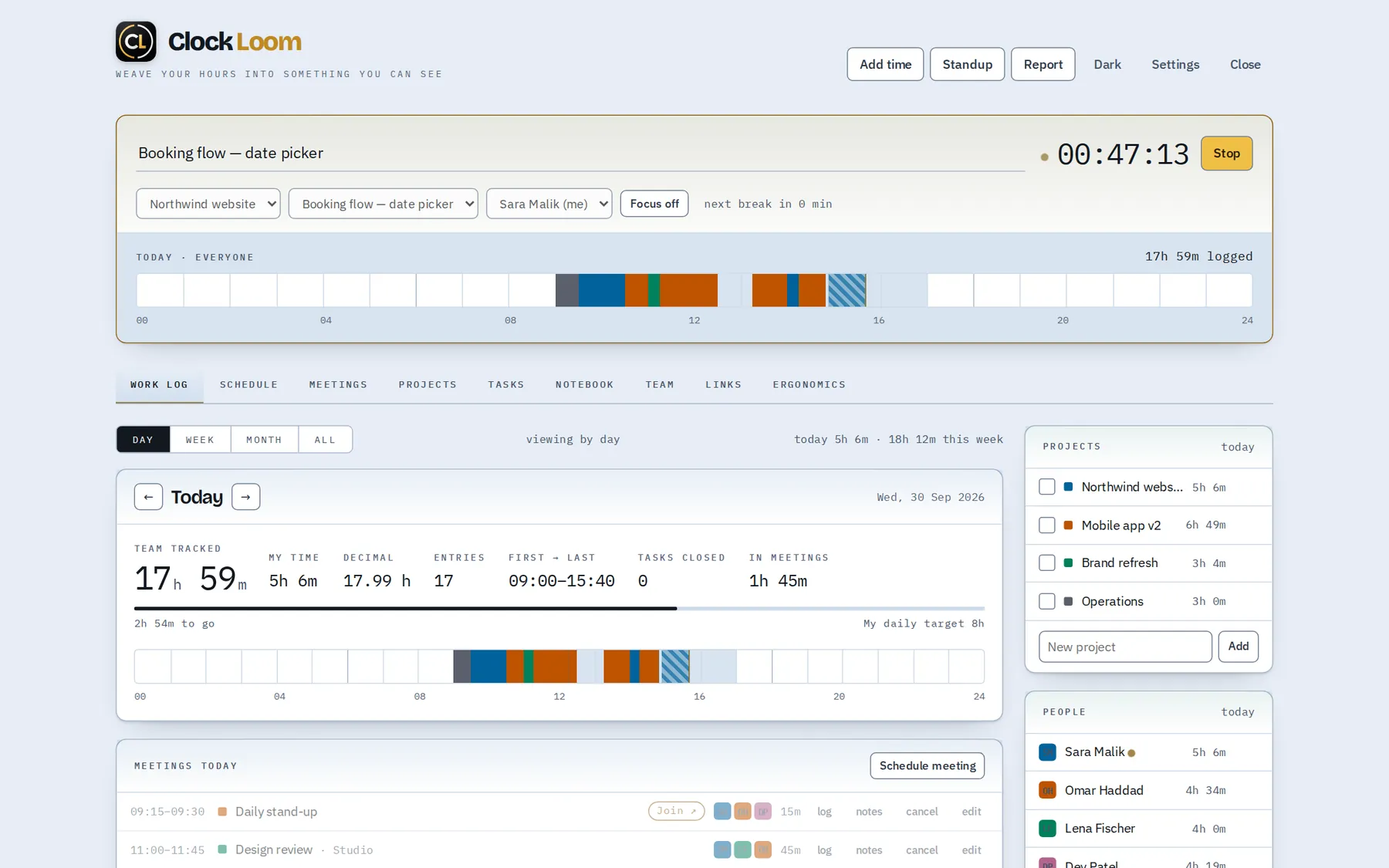 The Clock Loom dashboard with a running timer and today's timeline