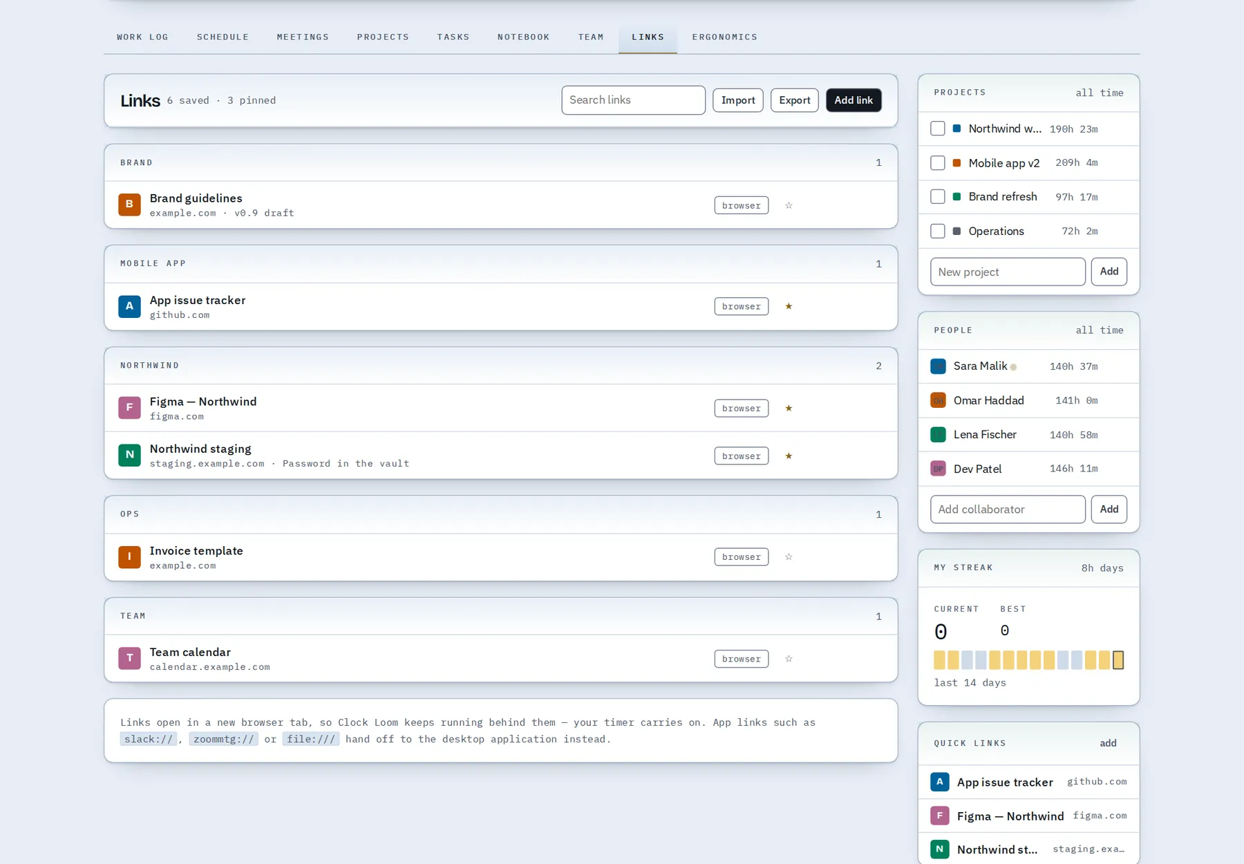Links grouped by project.
