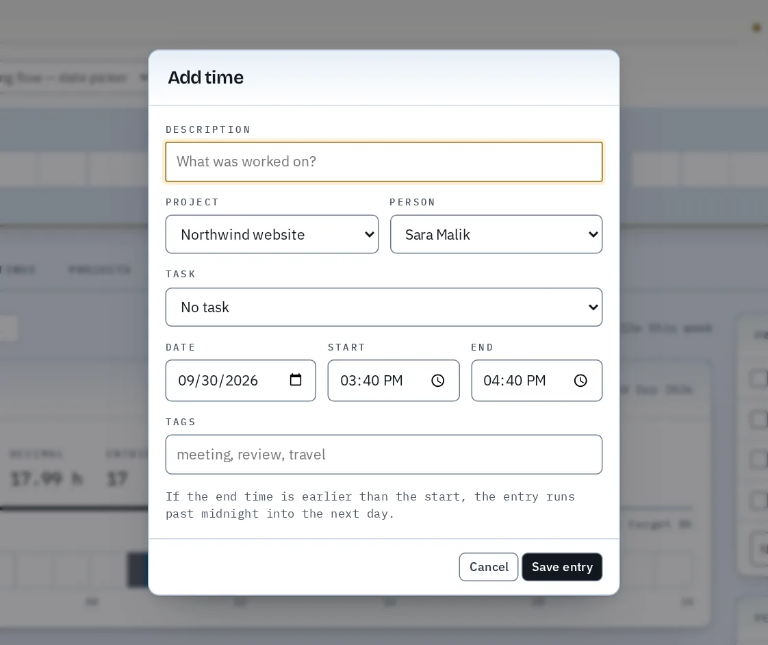 The Add time dialog. Click any entry in the Work log later to edit or delete it.