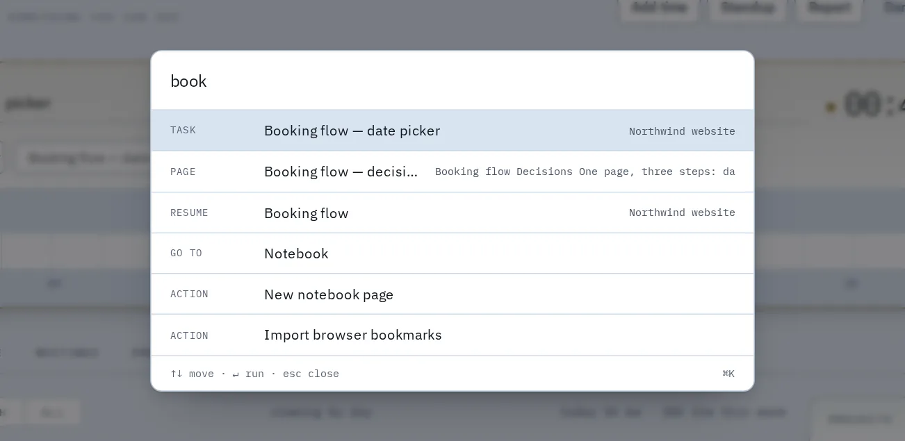The command palette, searching for “book”.