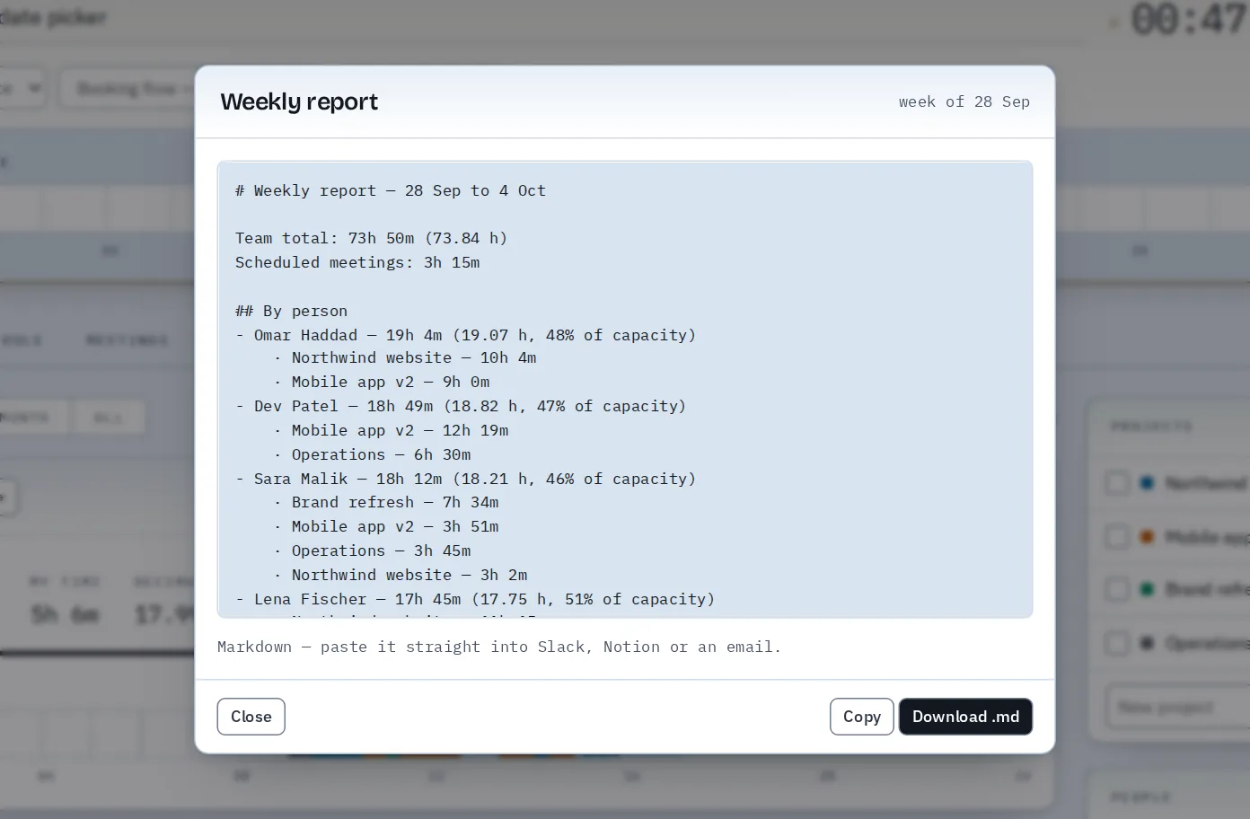 The weekly report — copy it or download as Markdown.
