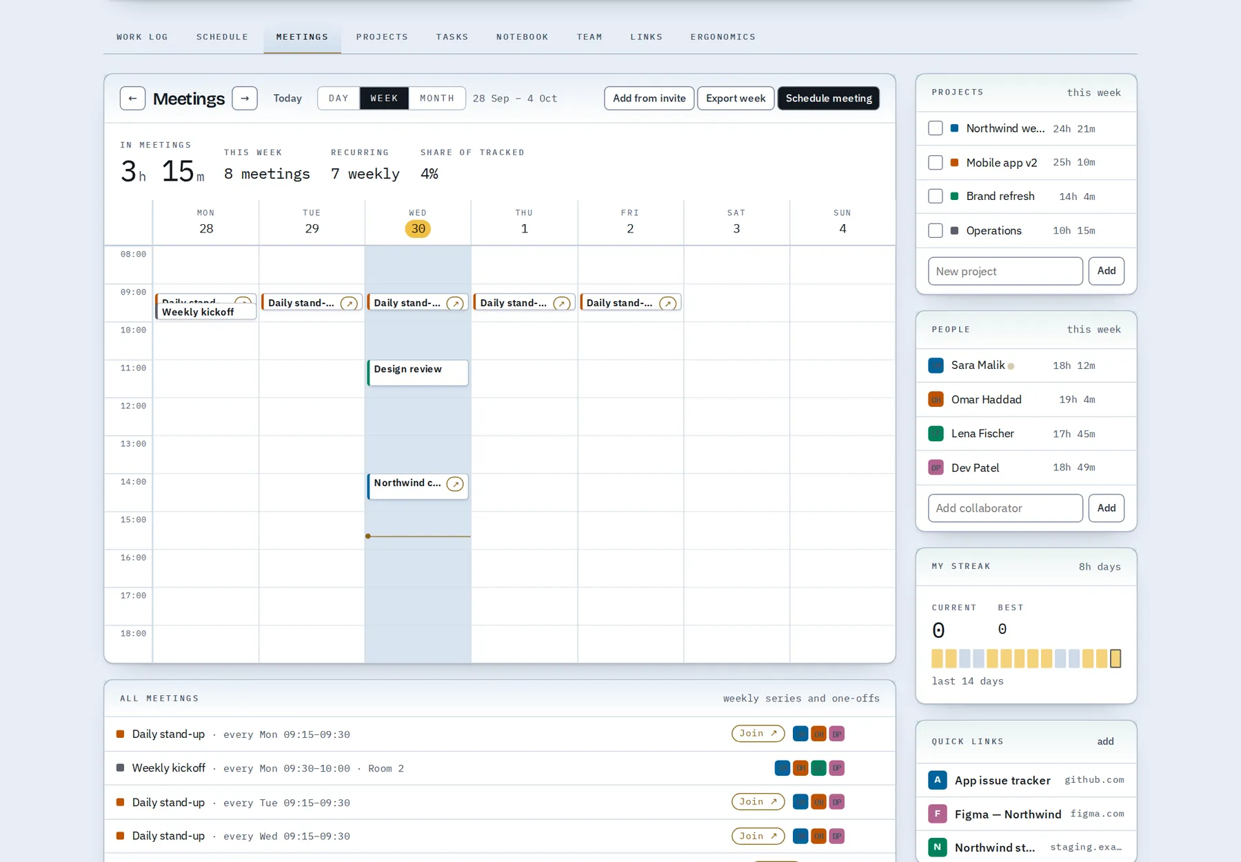 A week of meetings: stand-ups, a weekly kickoff, a client sync and a one-off review.
