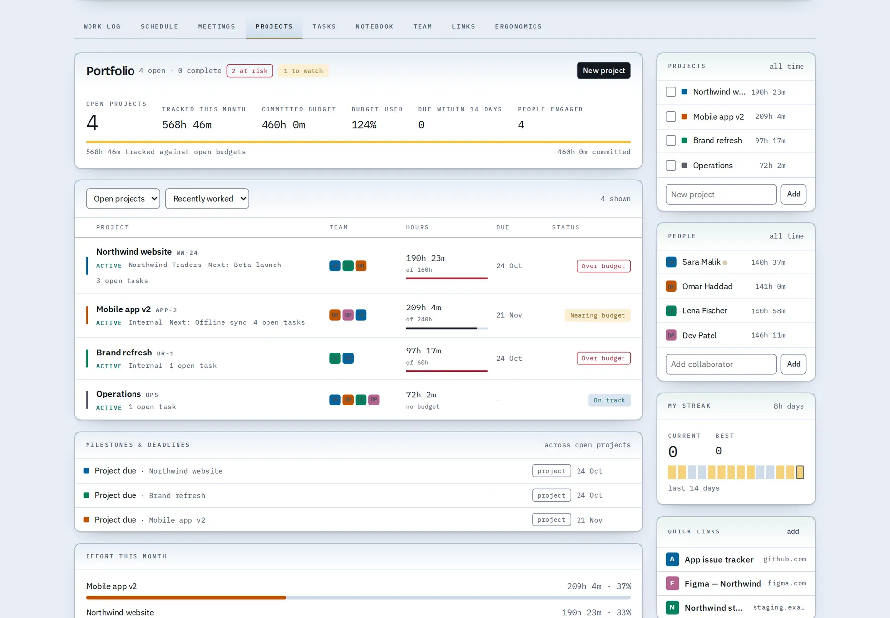 The portfolio: open projects, hours spent against budget, status and upcoming milestones.