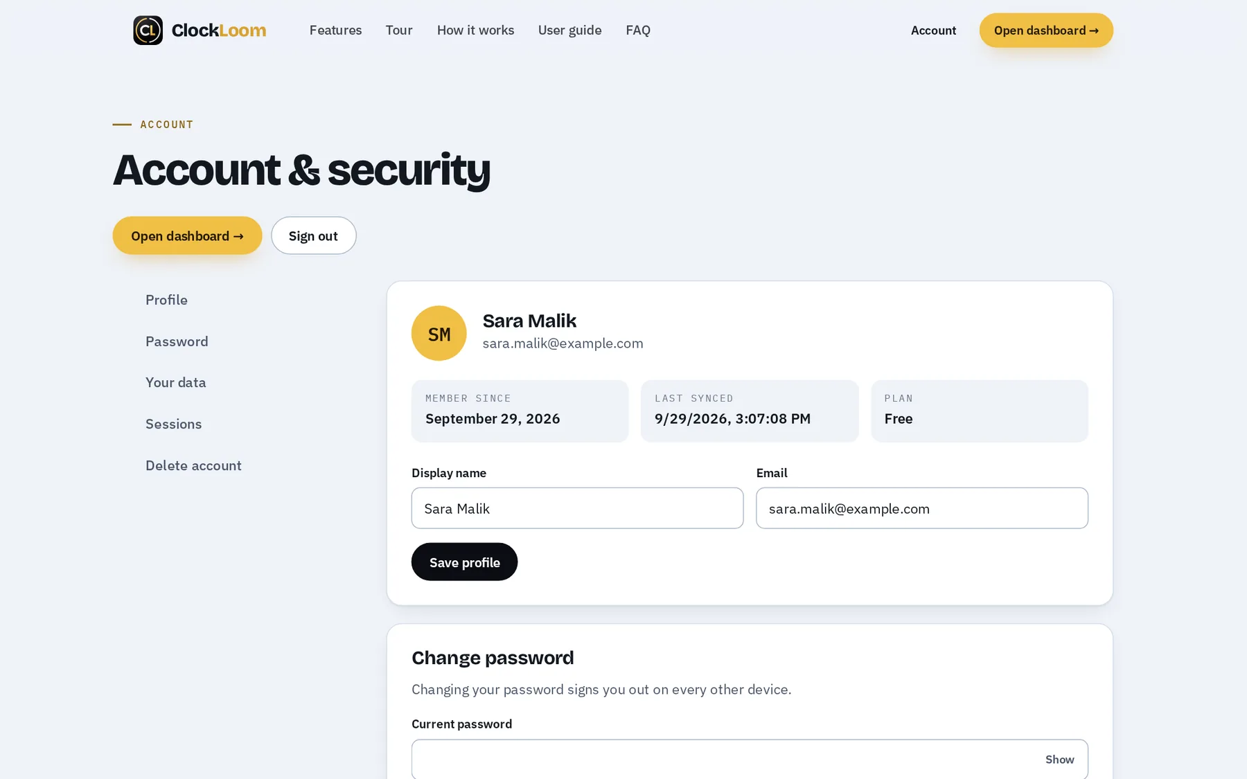 The Account page: profile, password, backup download, sign out everywhere and delete account.