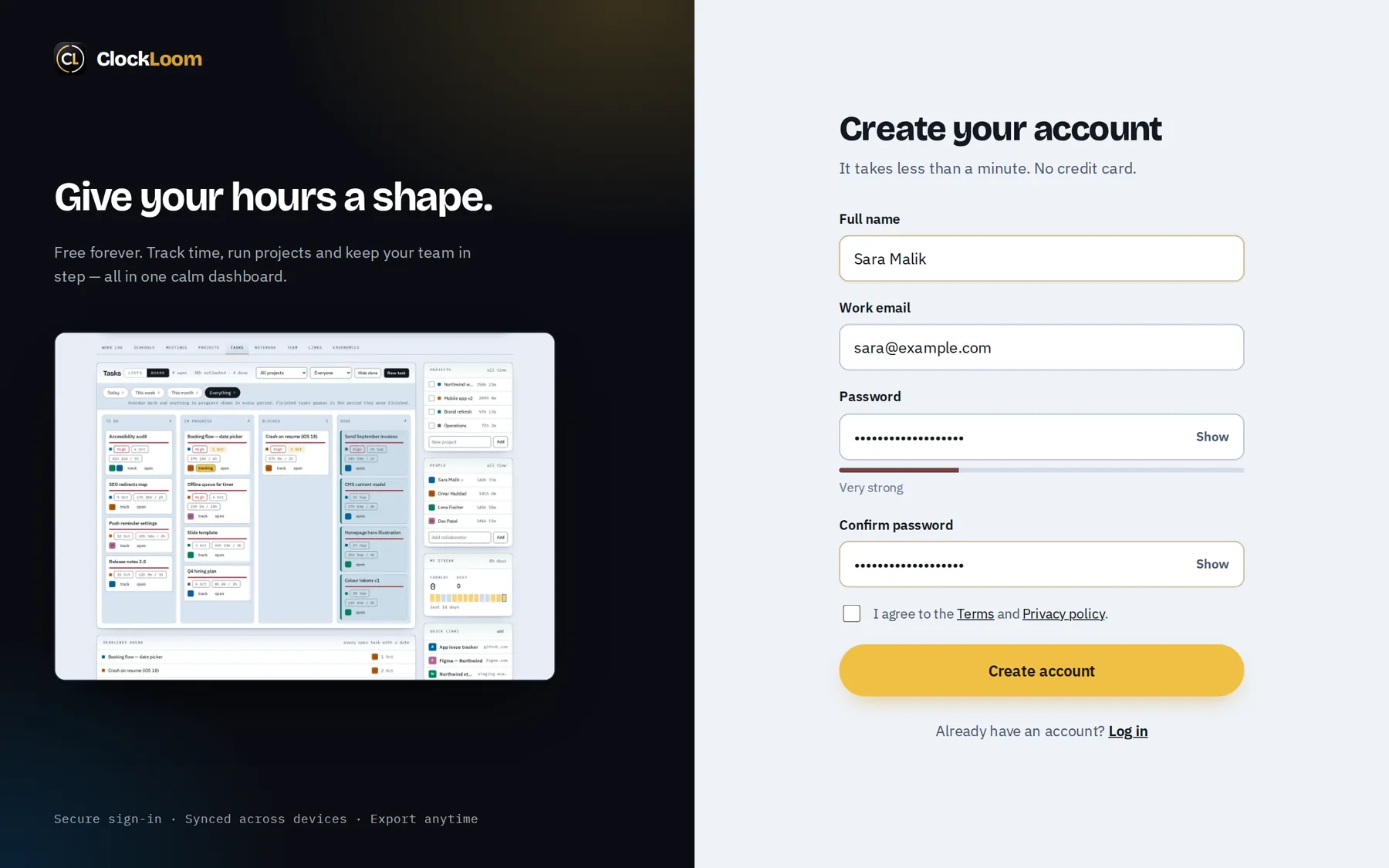The sign-up page — three fields and you're in.